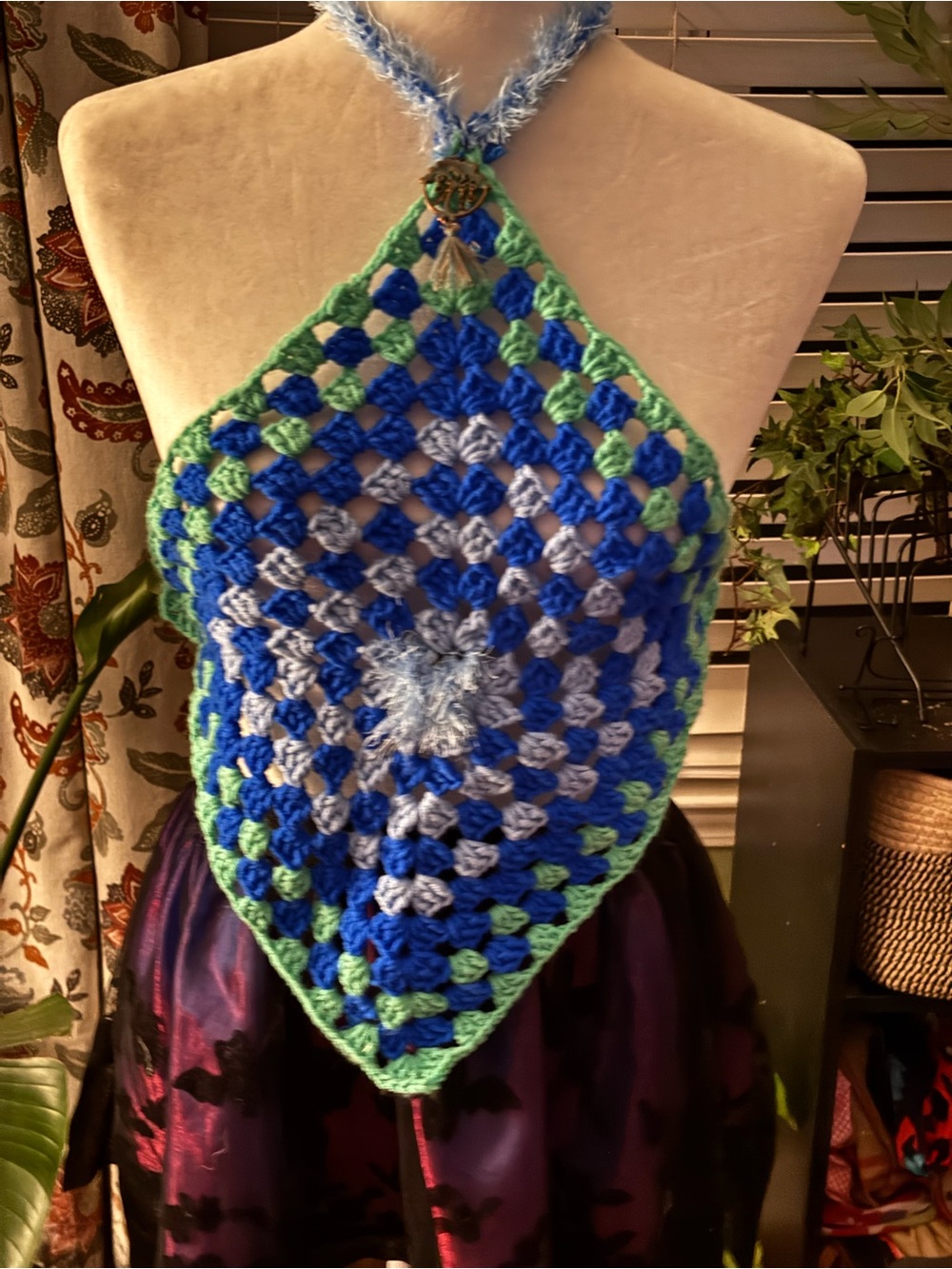 Handmade Crochet Blue & Green Halter Crop Top